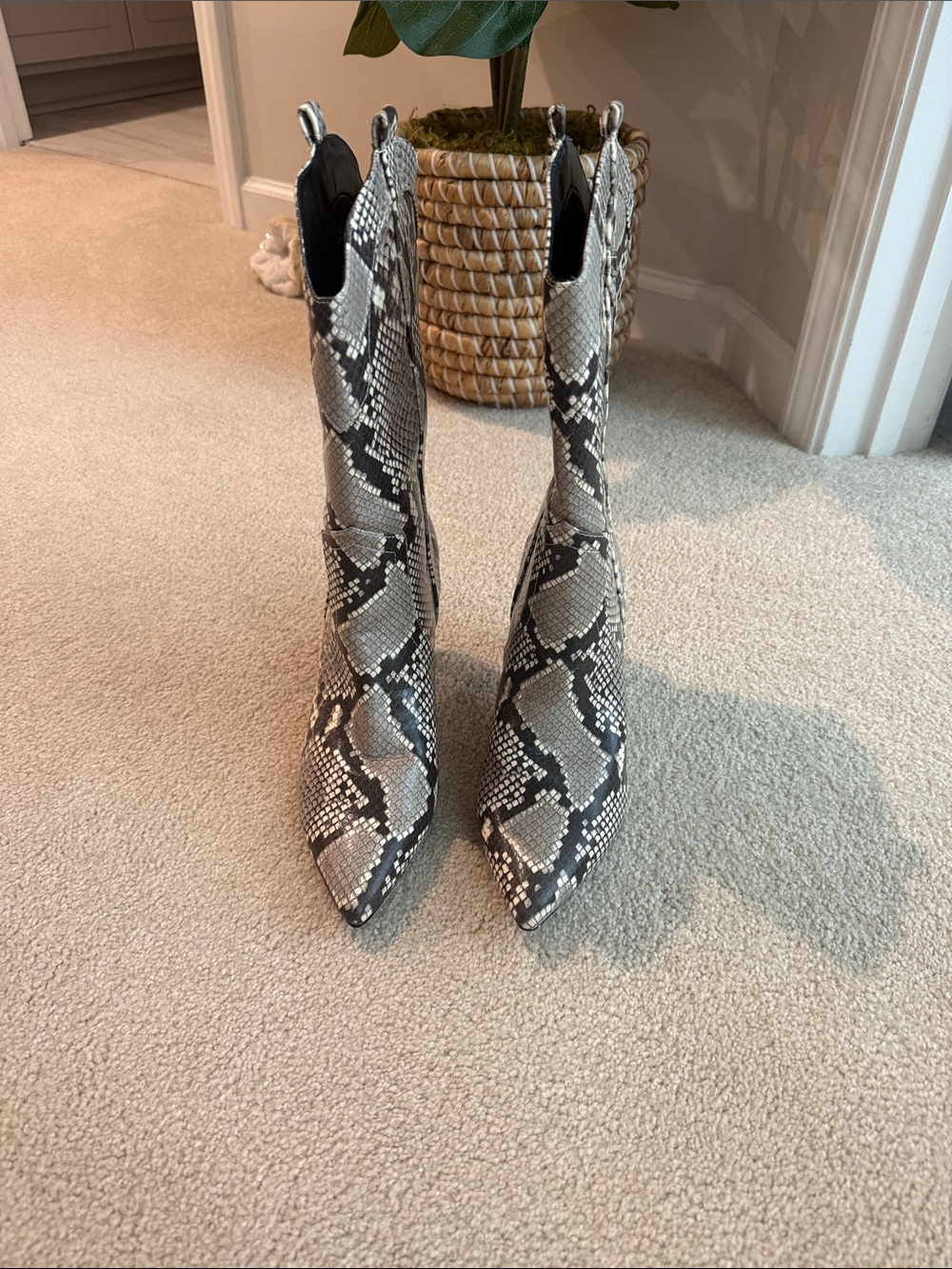 Guess Snake-Print Pointed Toe Western mid calf pull on boot - python print